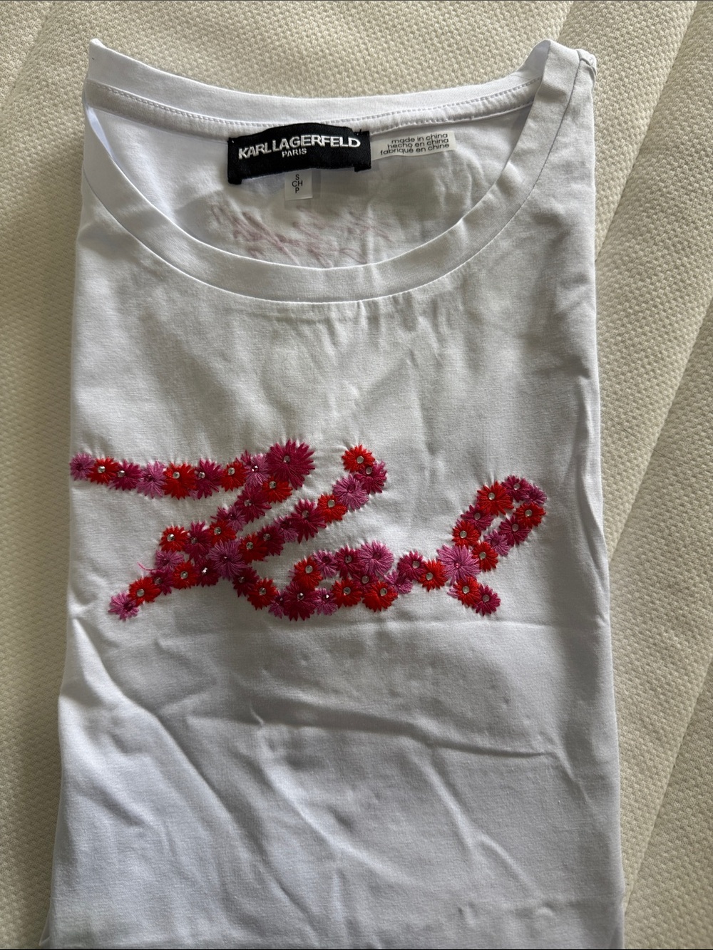 Karl Lagerfeld White Tee with Pink Beaded Script